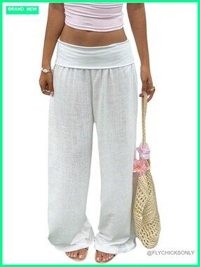 Wide Leg Low Rise Linen Pants Fold Over Elastic Waist Casual Lounge